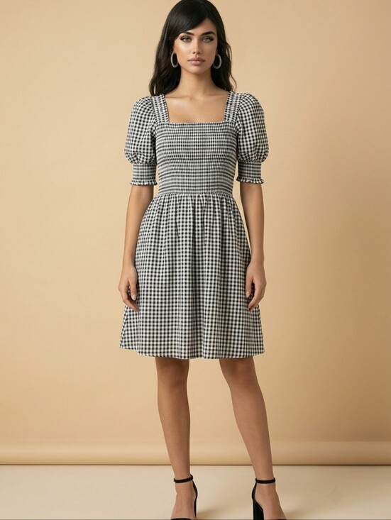 everlilly Dresses & Skirts - Gingham Dress BLACK WHITE mini Puff Sleeves BABY DOLL FIT & FLARE Smocked Top M